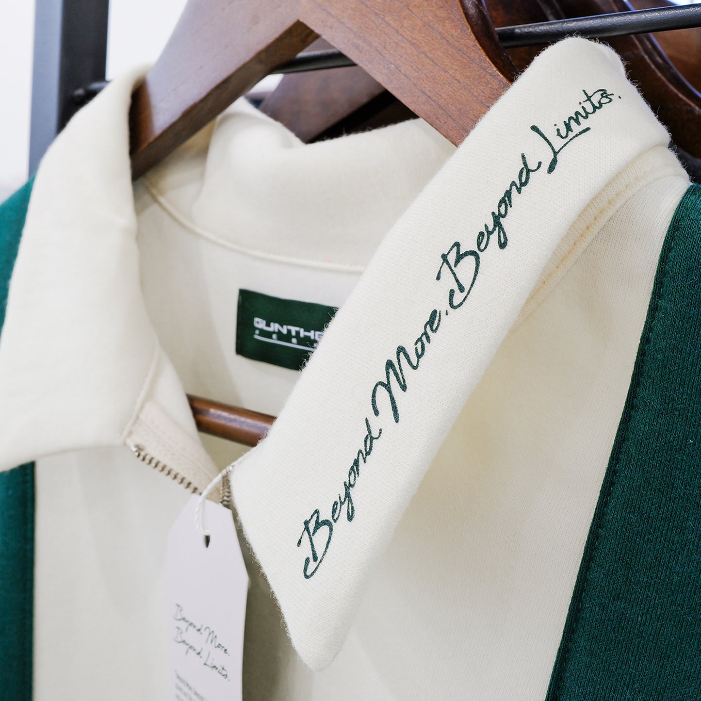 Gunther Werks NINM Zip Polo – Ivory / Racing Green Panel