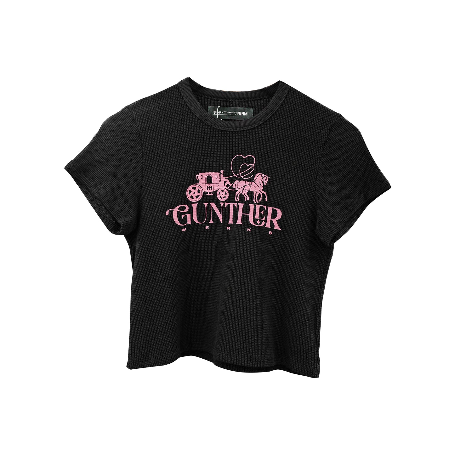 Gunther Werks NINM Women’s Waffle Knit Crop Top – Black/Pink Carriage Graphic