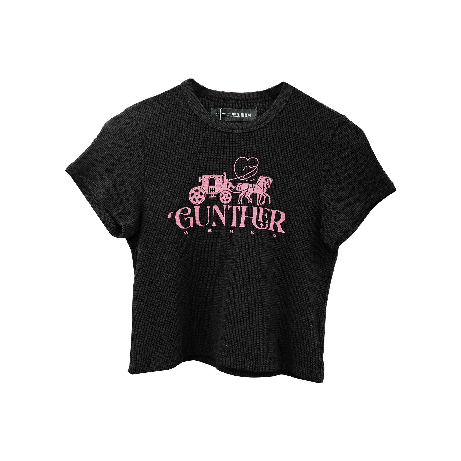 Gunther Werks NINM Women’s Waffle Knit Crop Top – Black/Pink Carriage Graphic
