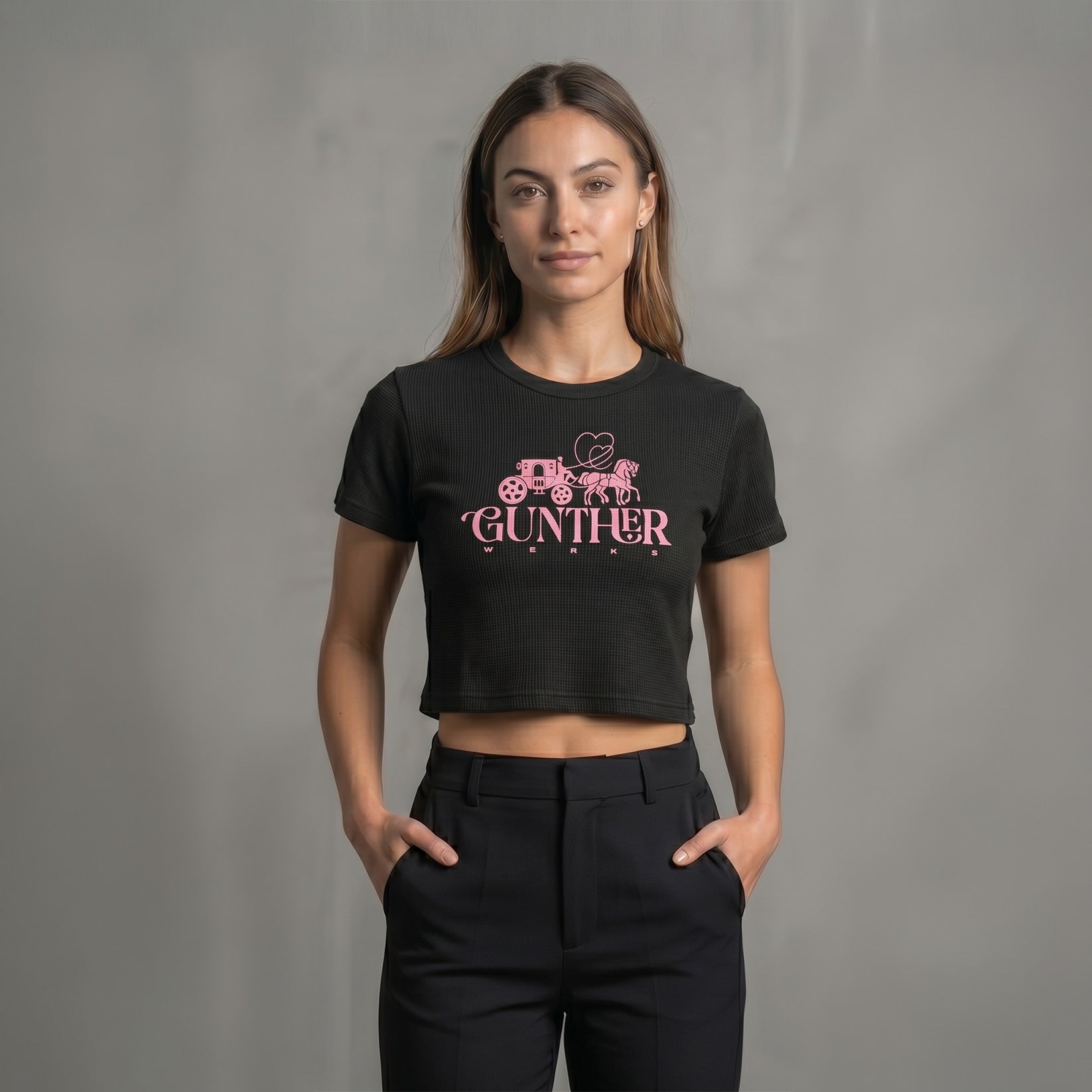 Gunther Werks NINM Women’s Waffle Knit Crop Top – Black/Pink Carriage Graphic