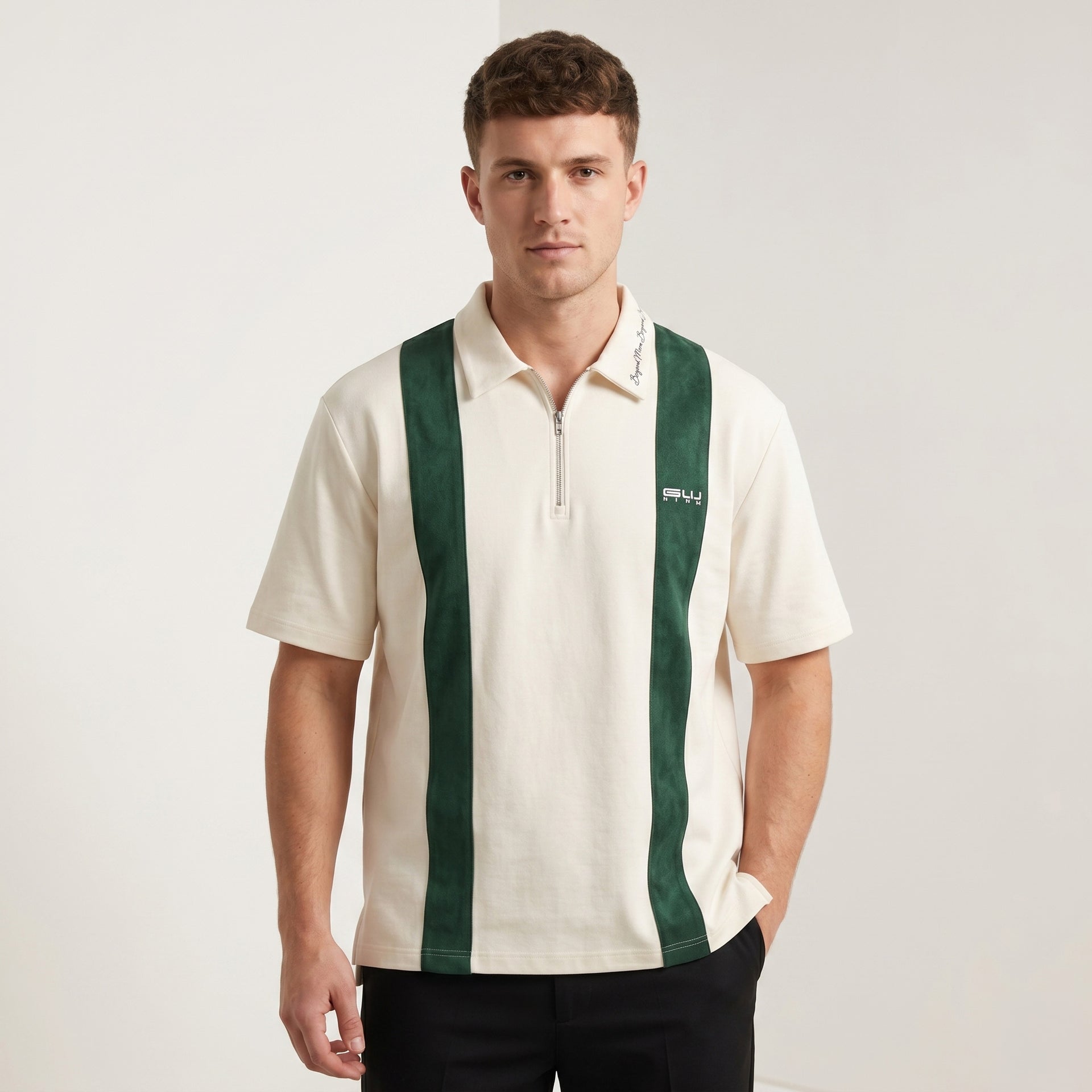 Gunther Werks NINM Zip Polo – Ivory / Racing Green Panel
